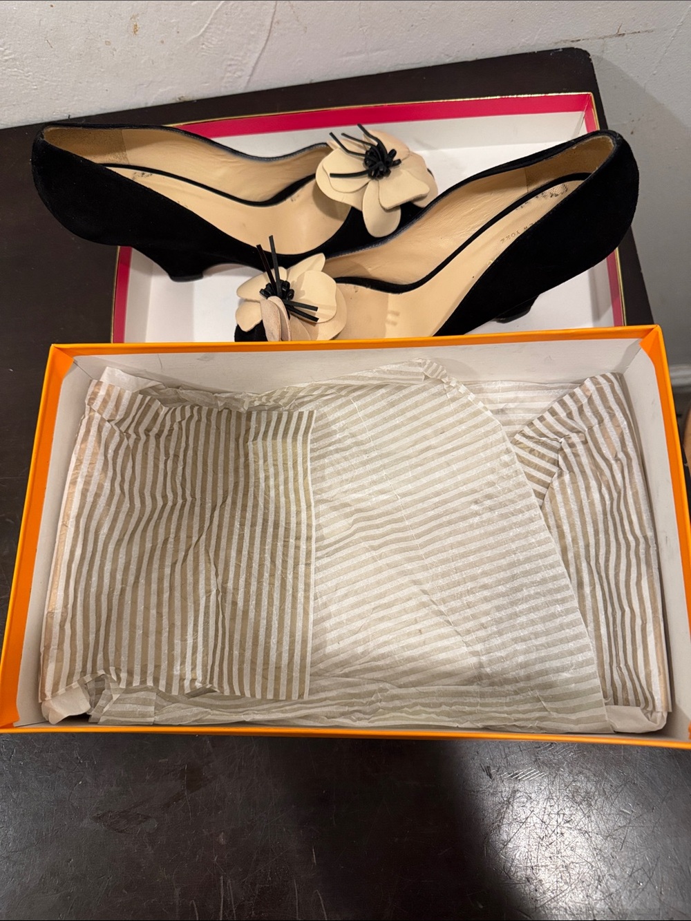 Kate Spade - Caelyn - Black Suede Wedge Peep Toe Pumps with Beige Flower Accent - Picture 10 of 10
